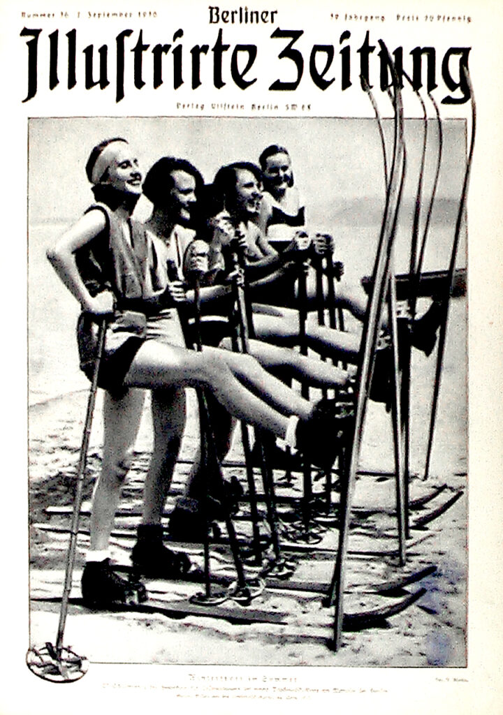 Berliner Illustrirte Zeitung 7.9.1930: Ski-Schülerinnen der Hochschule für Leibesübungen bei einem Trocken-Ski-Kurs am Wannsee bei Berlin. Fot. S. Muska. 